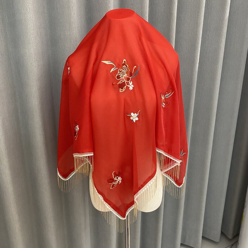 Hand-beaded tassel heavy embroidery veil, high-end red veil, Hanfu ancient style, high-end bridal veil