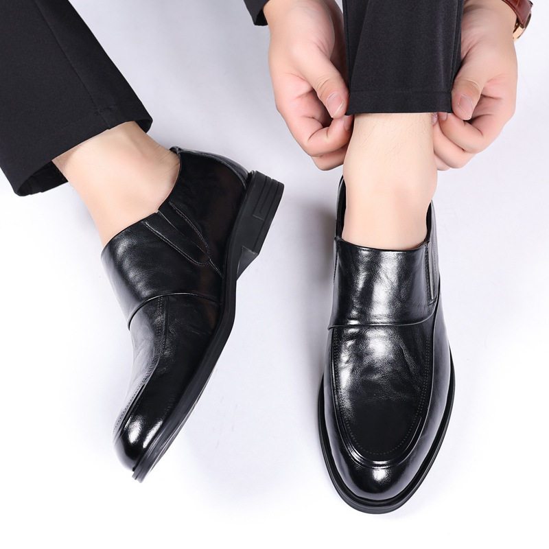 Giày da nam mũi nhọn cổ thấp da bò lớp đầu tiên, giày lười công sở thoáng khí chống trượt — Giày một lớp màu nâu, Giày một lớp màu đen, Màu đen lót nhung