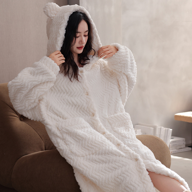 法兰绒睡袍女冬季加厚加绒长袖长款连衣袍子秋冬天休闲宽松大码