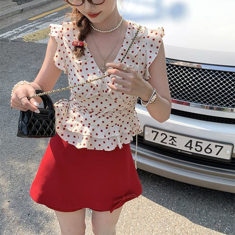フレンチショートスリーブVネック水玉プルオーバートップスとスカートスーツ女性用夏フレンチスタイル2点セット|undefined