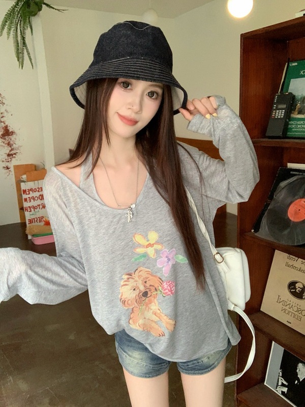 スノーフレークコットンスイートスーツ子犬プリント薄手長袖Tシャツレディース夏インナーホルターネックサスペンダーツーピースセット|undefined