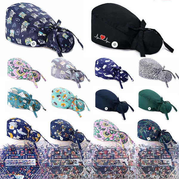 Surgical Cap Pure Cotton Printed Nurse Cap Operating Room Factory Workshop Kitchen Dust-Proof Cap Female Doctor Medical Work Cap