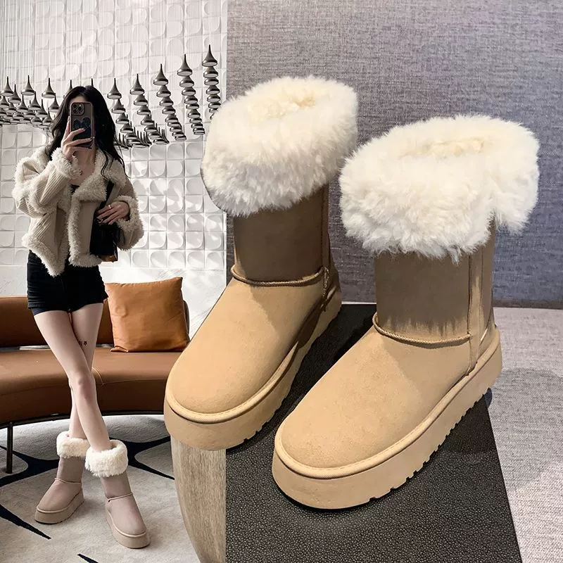 Warm shearling-lined winter boots, mid-calf platform, Khaki or Deep Space, sizes 35-40
