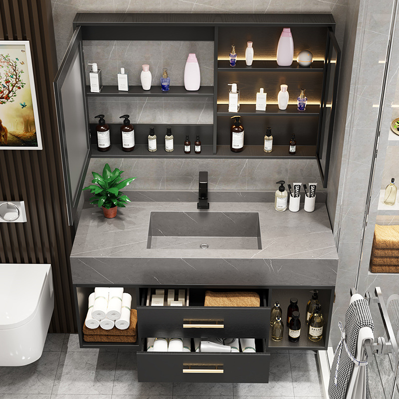 Luz de lujo Placa de roca integrado cuenca gabinete de baño combinación inteligente espejo lateral gabinete de baño lavabo mesa de lavado cuenca
