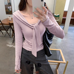 纯欲风正肩长袖T恤女2025秋季新款韩系设计感褶皱披肩假两件上衣