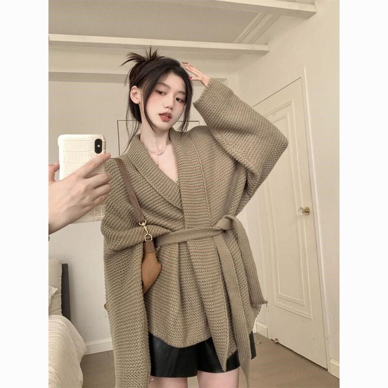 Plus Size French High-End V Neck Cardigan Jacket for Women in Spring & Fall Lazy Style Waist Strap Thick Knitwear Top