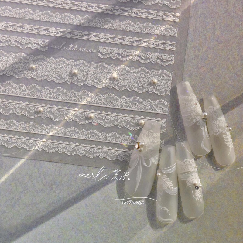 Black and White Long Lace Stripesd Crystal Diamond Manicure Tomoni & Missing Lace Sticker with Adhesive Backing