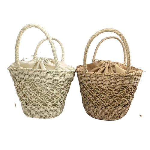 Korean INS grass-woven flower basket style paper rope women's hand-woven shoulder bag, retro grass woven bag with hollow handmade design