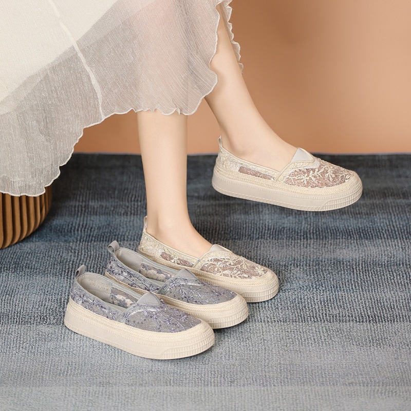 Giày lười nữ đế dày mũi vuông chất liệu ren thoáng khí — M678 Xanh xám