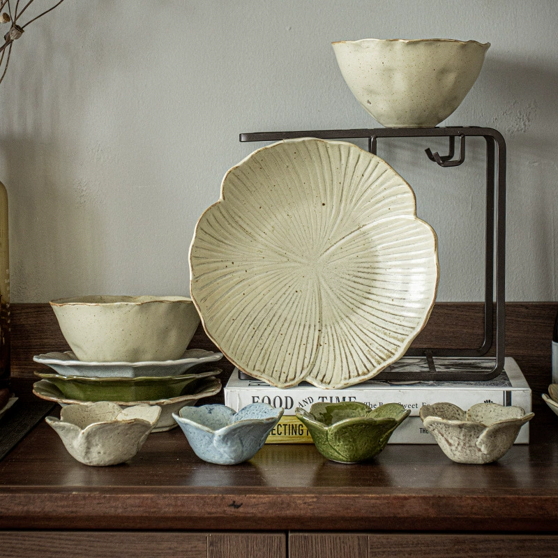 Ceramic Dinnerware Set Japanese Retro Style, Matte Yellow, Multi-Size Plates & Bowls