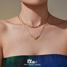 欧麦卡不锈钢爱心镶嵌锆石天使翅膀吊坠项链刀片链小钢珠双层叠戴