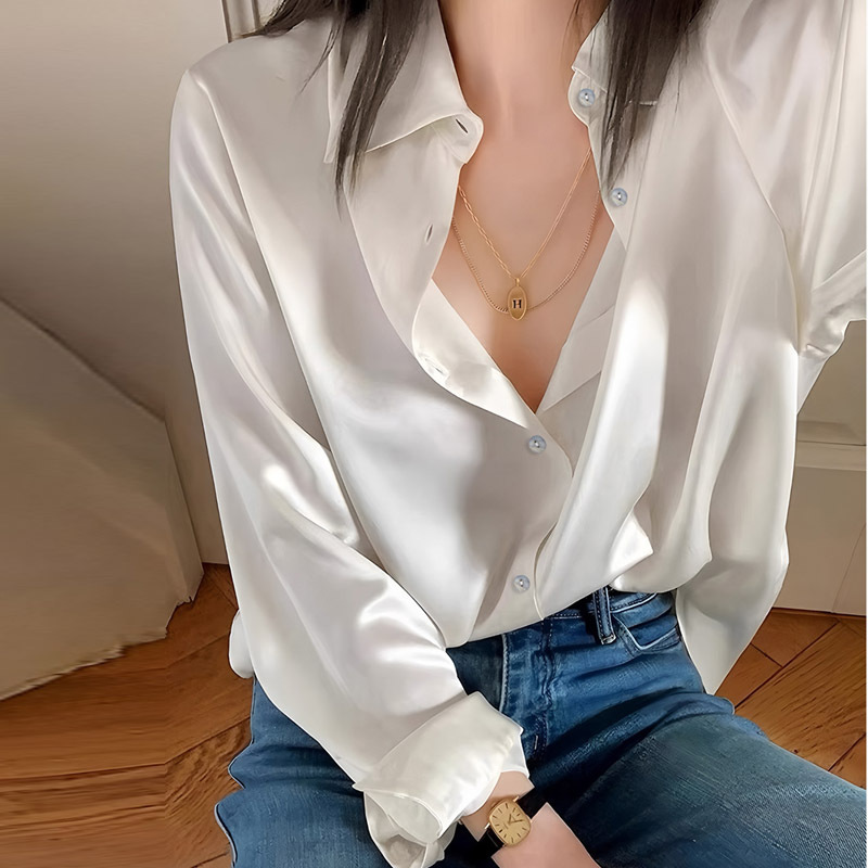 法式轻奢缎面白色衬衫女秋新款高级感宽松显瘦防晒衬衣设计感小众|undefined