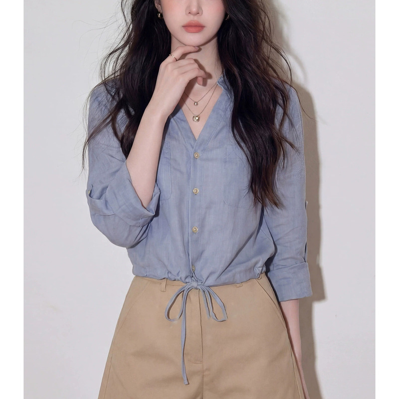 Korean-Style Blue Linen Drawstring Cuff Shirt for Women, New Summer Sun-Protective Commuter Shirt, Super Stylish Blouse