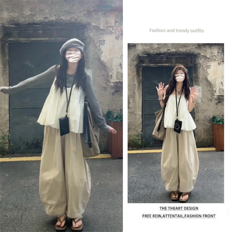 夏季时尚设计感穿搭女百搭套头长袖T恤可叠穿吊带阔腿裤三件套装|undefined