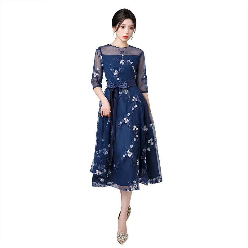 Vestido de noche de encaje 2026, nuevo diseño floral, longitud media, malla, cuello redondo, AliExpress, sitio independiente, vestido petite