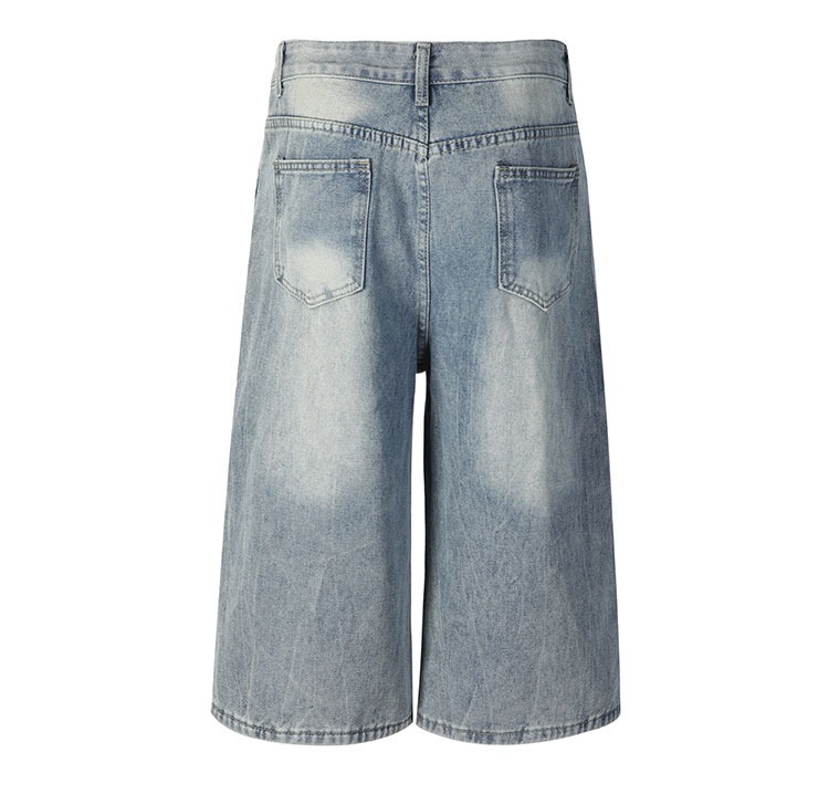 Unisex High-Street Loose Fit Cropped Jeans Lightning Bolt Washed Denim Shorts Blue M-3XL Soft Washed Denim_mkmklike.com
