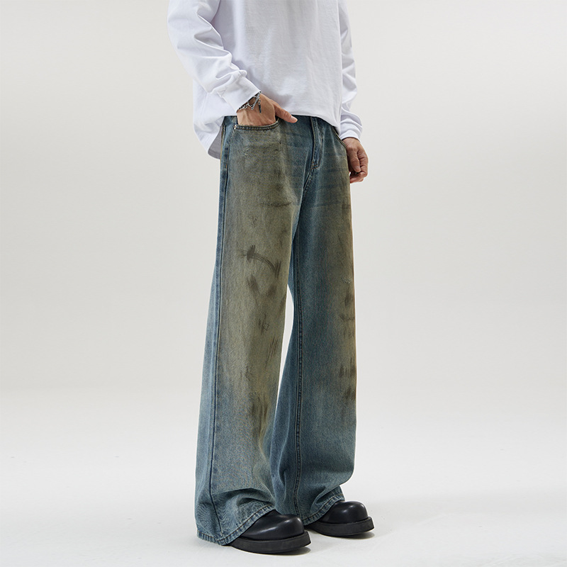 LKTM Men's Wear# American Retro Dirty Mud Dyed dirtyfit Micro-Lar Jeans Men's Fashion Brand Loose Pants