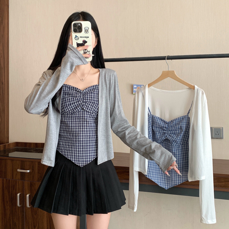 2025夏季新款大码胖MM薄款防晒罩衫格纹吊带两件套|undefined