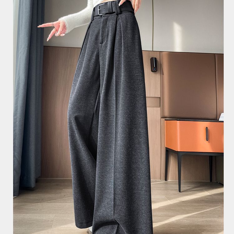 灰色加绒加厚毛呢阔腿裤女秋冬2025高腰显瘦直筒新款西装宽松|undefined