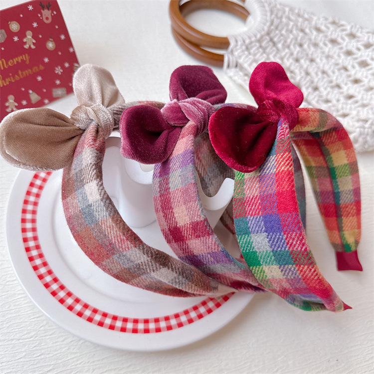 新款韓版彩色格子寬邊發箍女孩兔耳朵蝴蝶結頭箍親子外出發卡頭飾