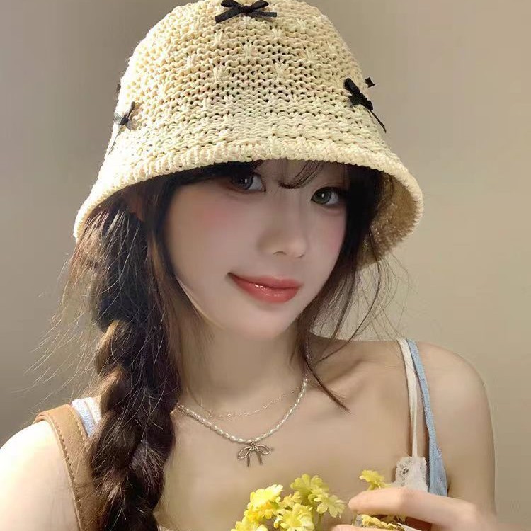Sweet bow hand-knitted fisherman hat for women in summer hollow…