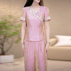 ドロップシッピング人気の中国風と西洋スタイルの女性用スーツ2025夏の新しいファッション気質痩身ツーピースセット