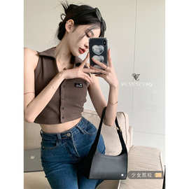2023年修身短款V领开衫背心女ins春夏季外穿潮酷纽扣无袖上衣潮女