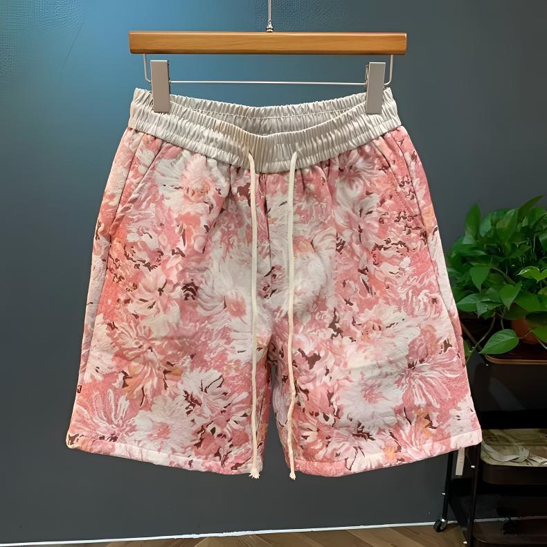 Hawaiian Floral All-Over Print Knit Shorts for Men, Summer Stylish High-End Five-Point Shorts, Beach Vacation Style Beach Shorts