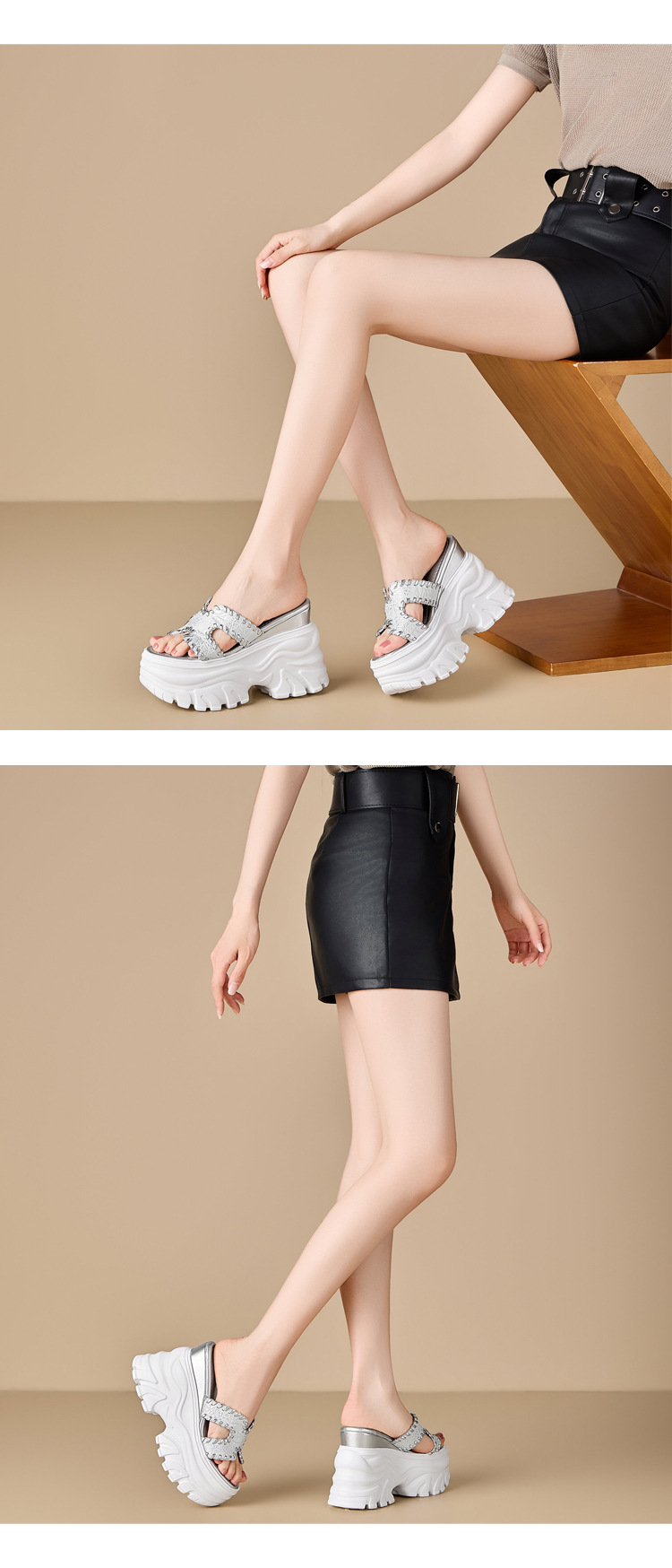 Dép sandal nữ đế dày 12 cm quai chữ H bện da — Trắng bạc chi tiết 5