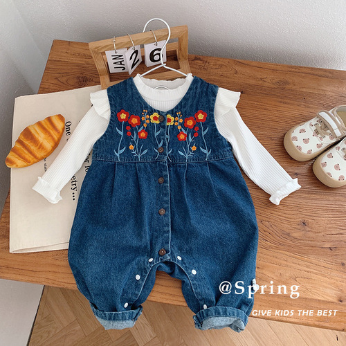 Baby jumpsuit 0-2 years old spring sleeveless denim romper for baby girls 0-2 years old Korean style embroidered romper ML809