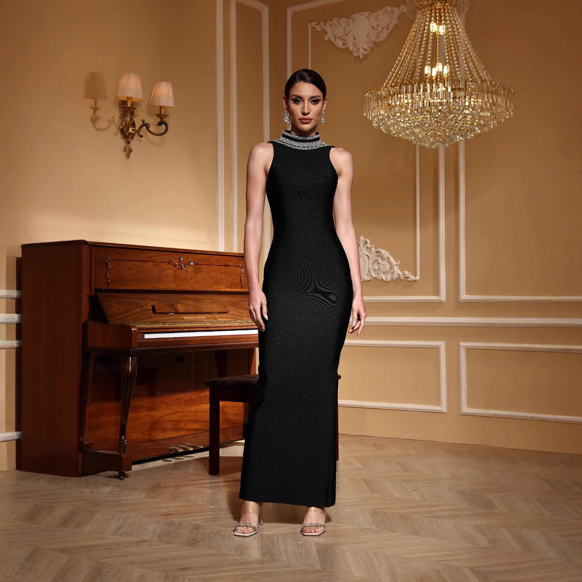 European and American Independent Station Cross-Border Popular Beaded Evening Dress High Slit Sexy Long Skirt Classy Evening Bandage Dress