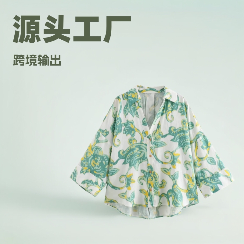 源头工厂跨境电商欧美小香风v领印花衬衫上衣亚马逊外贸通勤女装
