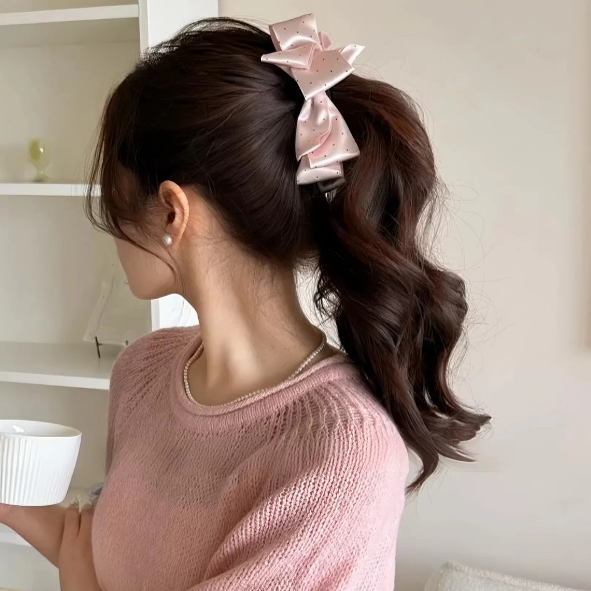 42# pink polka dot bow banana clip-13cm