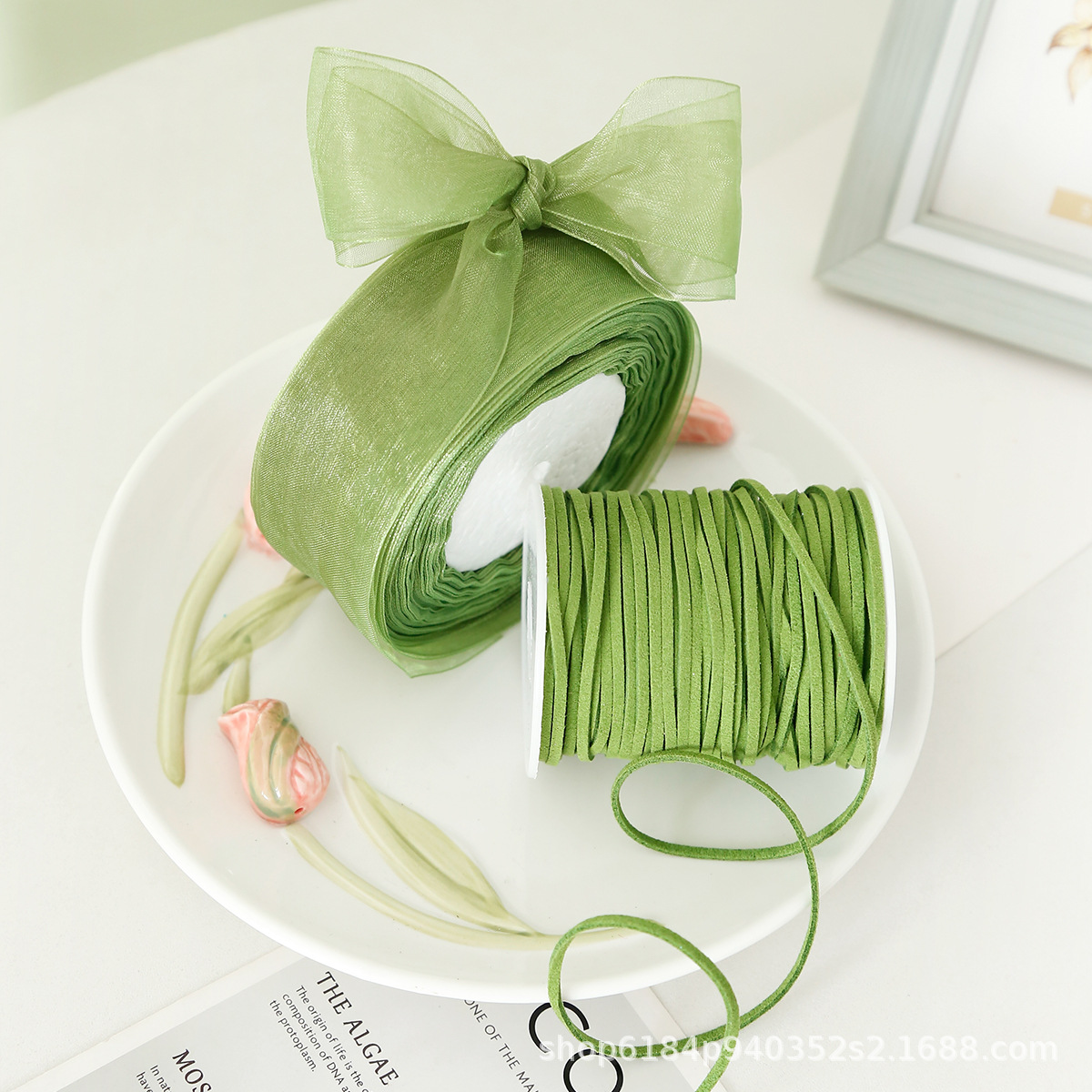 Matcha cinta verde cinta DIY cinta de color Menta Man-Wa cinta de jazmín mano trenzada bolsa de pelo ramo de flores cinta de tela