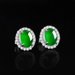 Natural A Jade Oval Egg Face Yang Green Earrings Ice Jade Fashion S925 Silver Inlay Women's Earrings