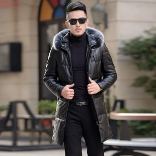 T8Y2023 Winter New Haining Down Jacket Genuine Leather Men's Mid-length Slim-fit Hooded Sheepskin Jacket