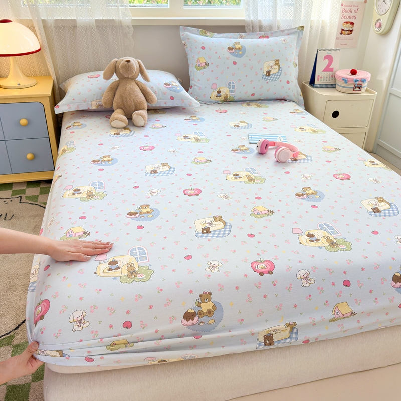 Cartoon Cotton Fitted Sheet, Single Piece, Non-Slip, Fully Covered, Pure Cotton, Breathable Mattress Protector, Dustproof Cover for Simmons Mattress