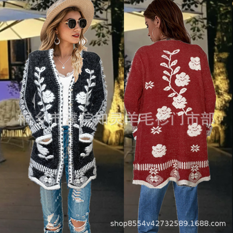 2025跨境外贸新款女装针织衫外套貂毛中长款提花修身开衫毛衣大衣