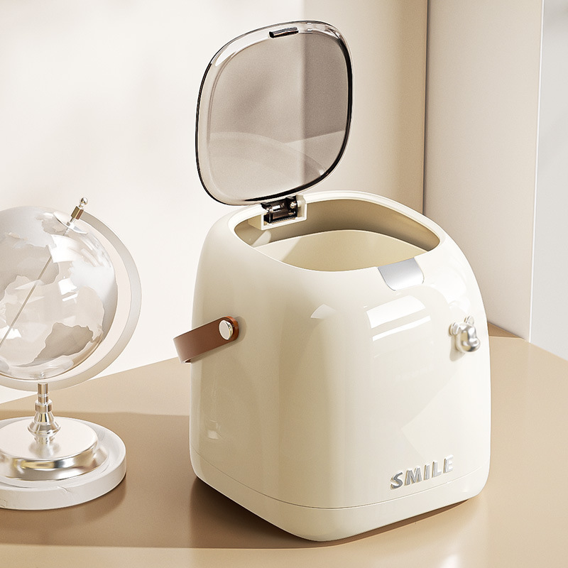 Ins-Style Creamy Trendy Violent Bear Transparent Lid Leather Handle Desktop Trash Can with Silent Design