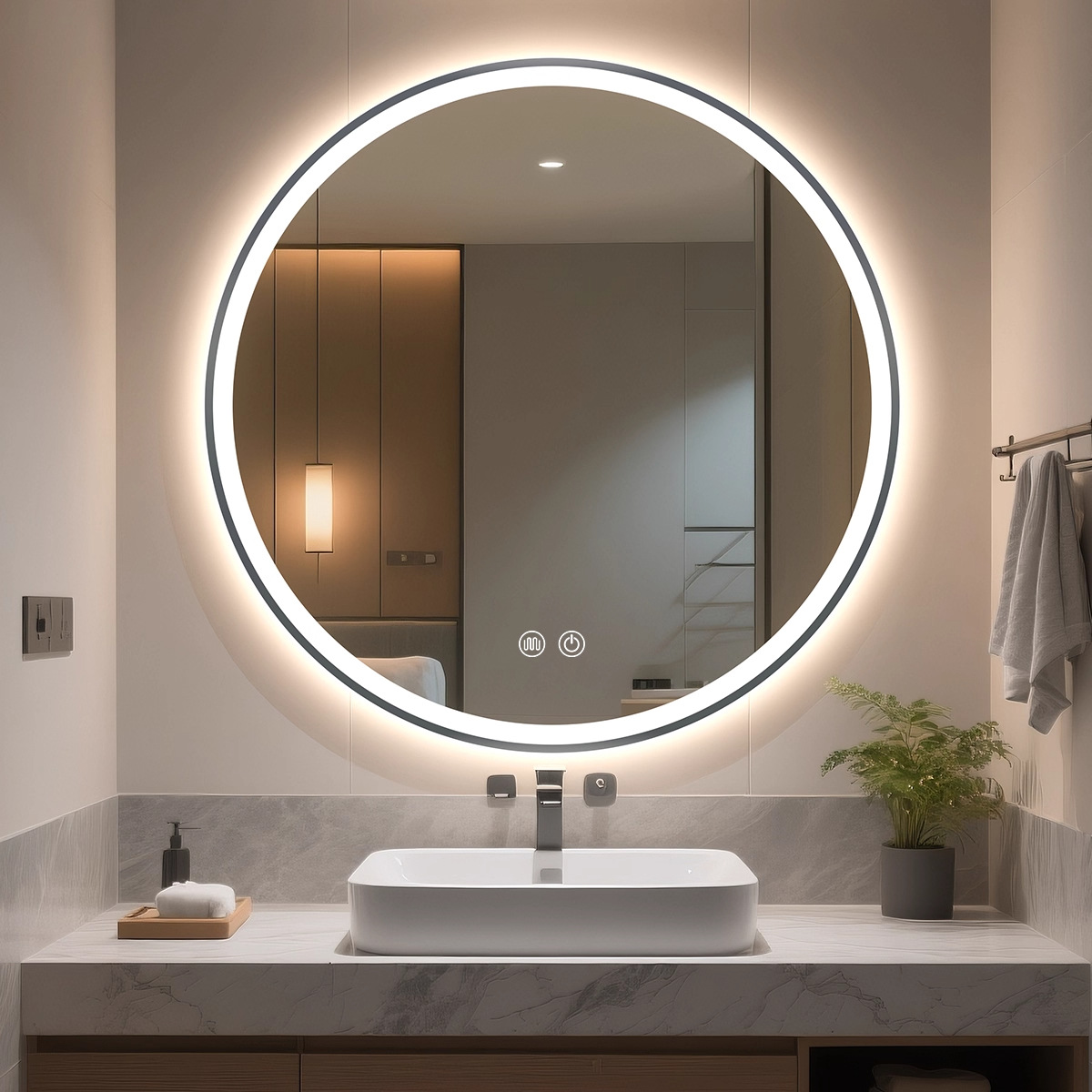 Espejo de baño inteligente Espejo circular Espejo de pantalla táctil Espejo luminoso Espejo de maquillaje montado en la pared Espejo de maquillaje anti-fog