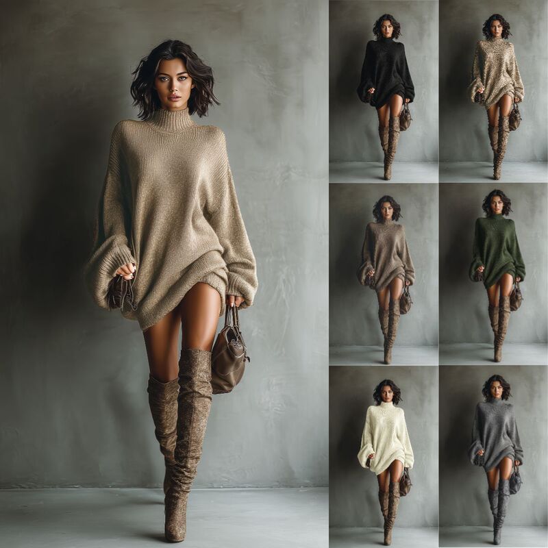 2026 Autumn Cross-Border Women's Clothing Amazon Retro High-Neck Knitted Mini Dress Loose Lazy Sweater Short Skirt