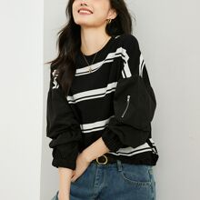撞色条纹圆领T恤女阔版显瘦长袖上衣2024新款秋装休闲卫衣