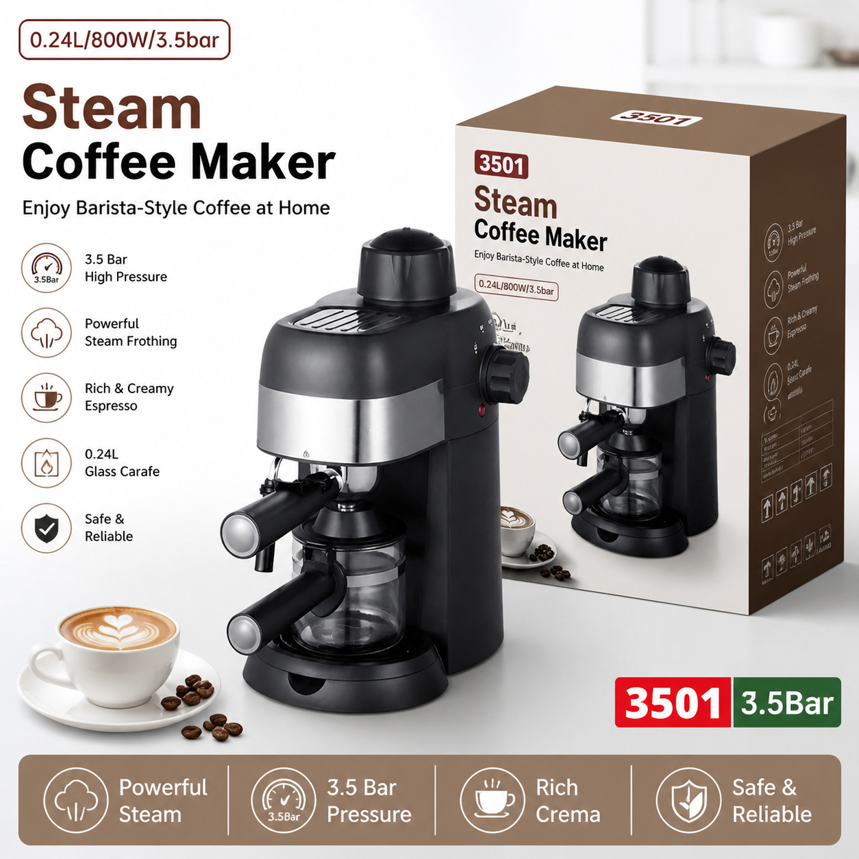 240ml 4 taza 800Watts 3.5bar Euro transfronterizo cafetera casera de vapor de alta presión