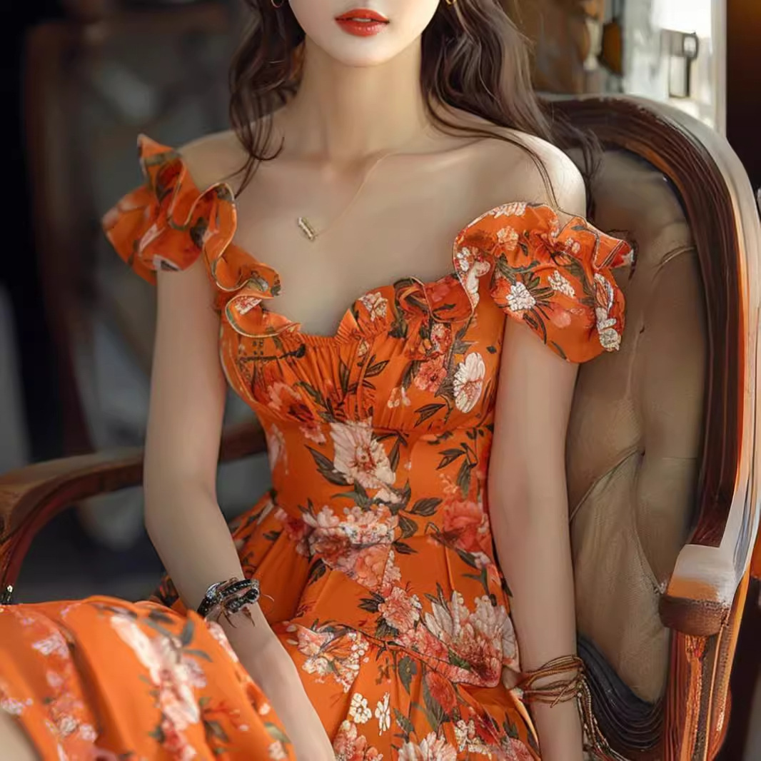 Váy trễ vai hoa nhí màu cam dáng maxi thắt eo phong cách Pháp — Màu cam