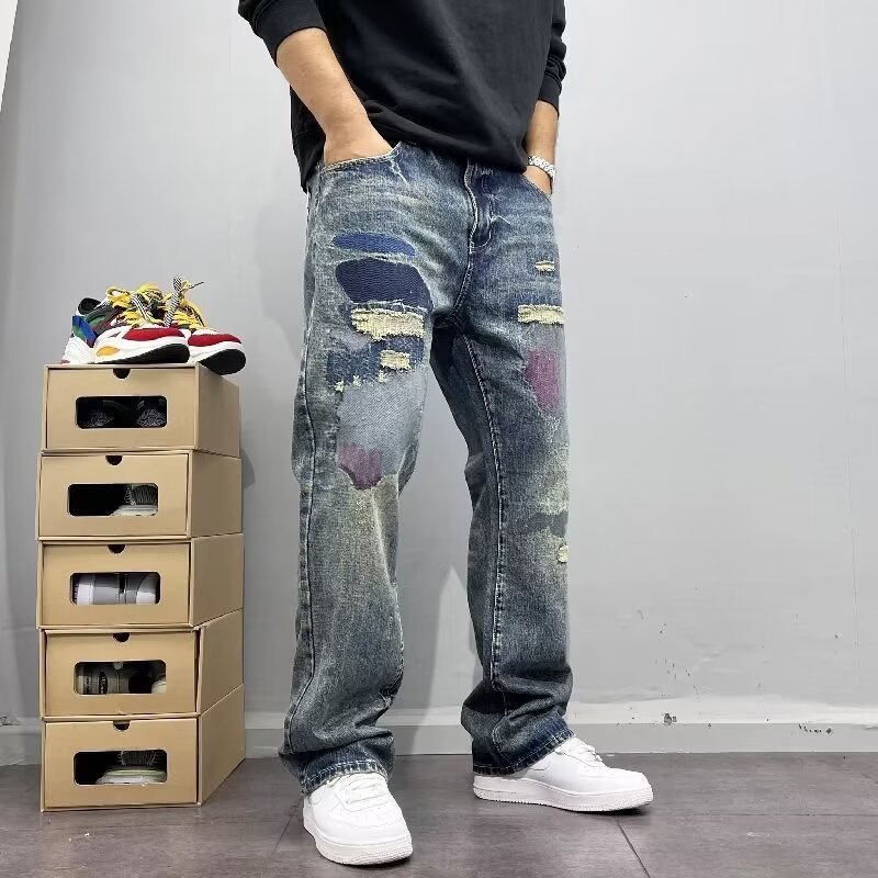 High-end Retro Ripped Jeans Men's Trendy Brand Personalized Scratched Patch Embroidery Slim Straight Pants Men's Spring And Autumn_mkmklike.com