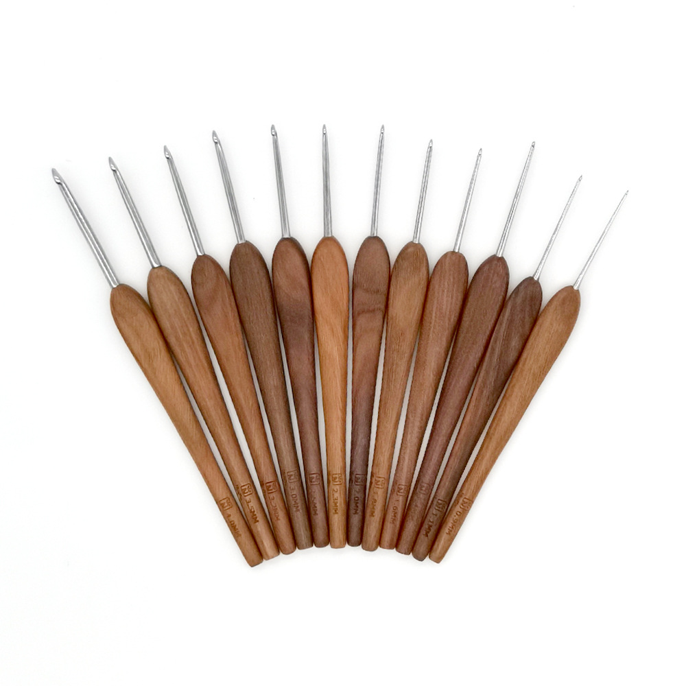 Transfronterizo DIY madera de sándalo verde mango de acero inoxidable ganchillo NiceMet mano pura pulida verde ganchillo 12 conjuntos