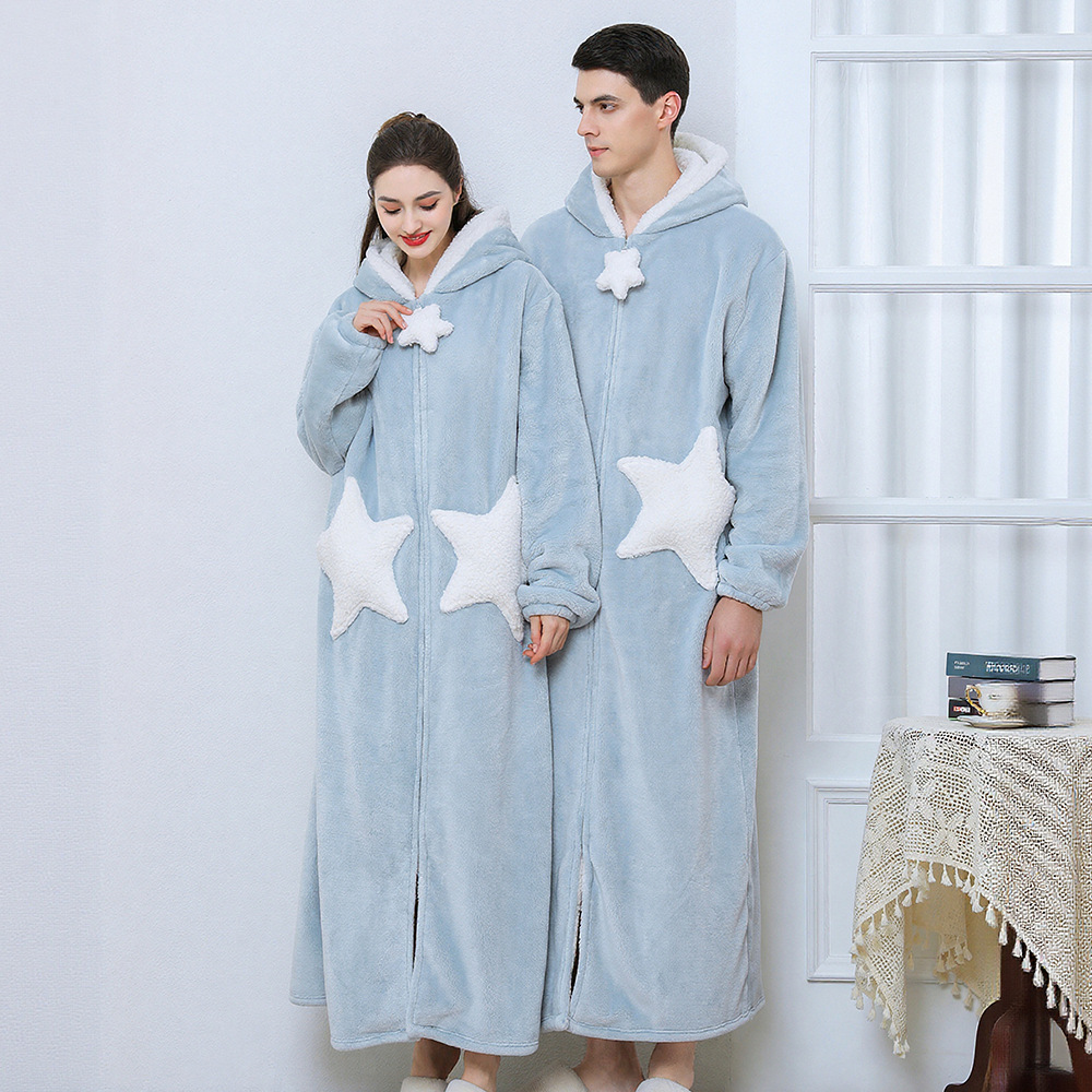 Camisón para parejas de talla grande, camisón con estampado de estrellas, ropa de dormir de forro polar coral grueso, estilo largo de franela para otoño e invierno, venta al por mayor transfronteriza. image 7