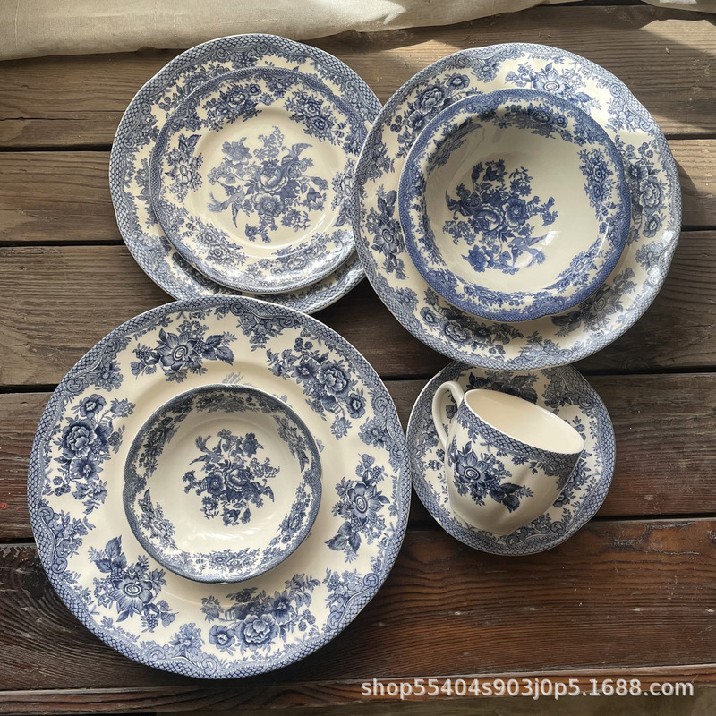 Foreign Trade Export Ceramic Tableware Plates and Bowls European and American Retro Blue and White Export Tableware British Vintage Underglaze Color