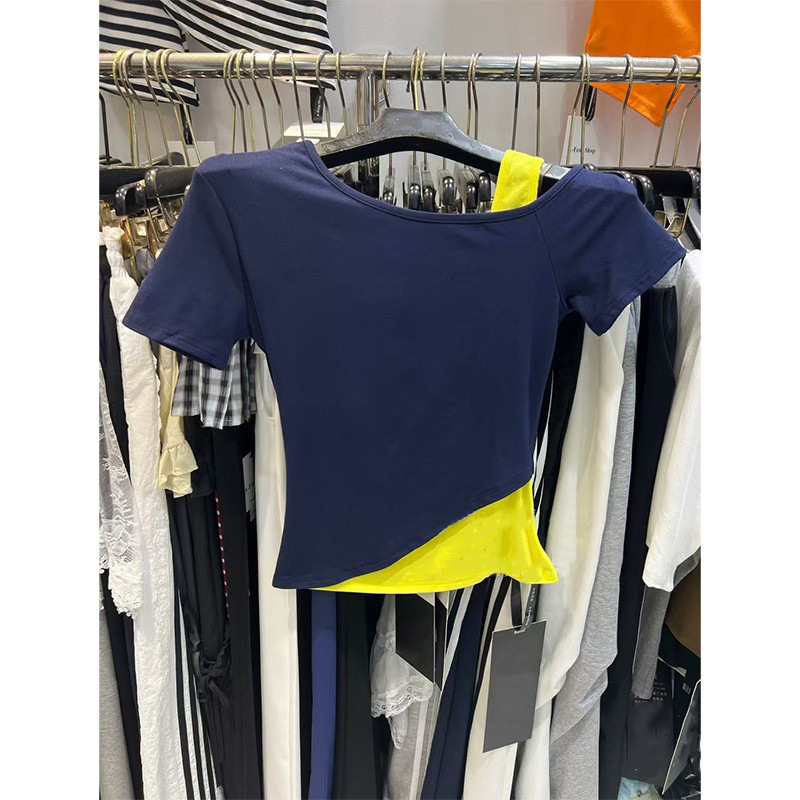 YIDENG コントラストカラーフェイクツーピースオフショルダー Tシャツレディーススタイル不規則な長袖ボトムシャツトップイントレンド|undefined