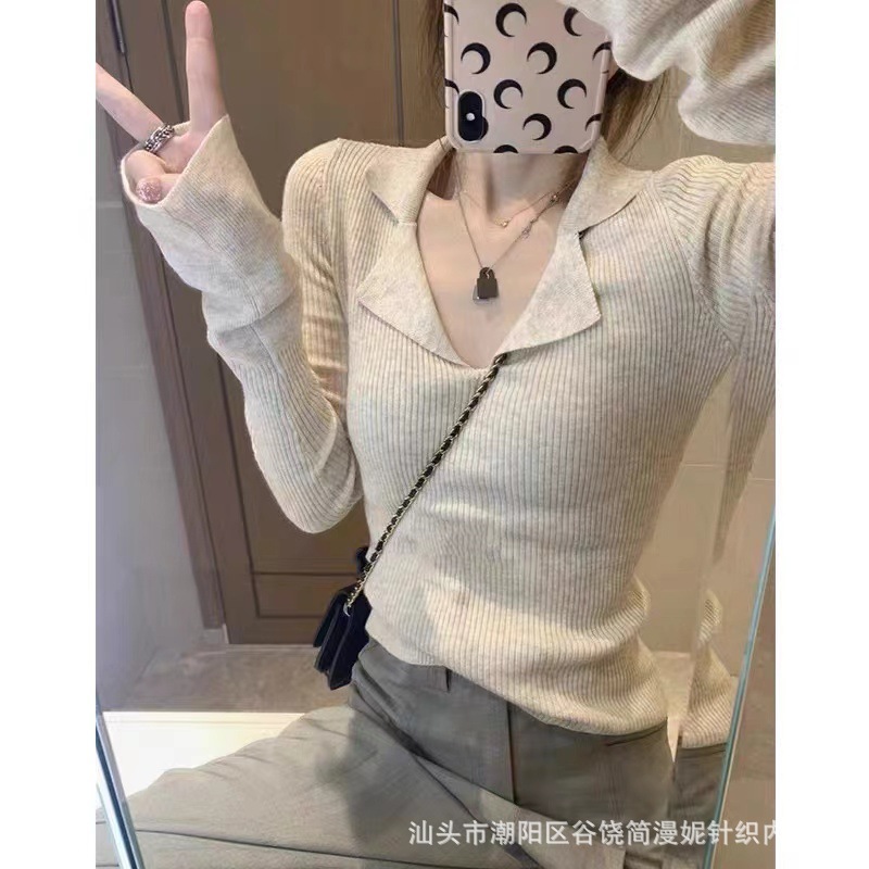 简漫妮小众设计感polo领上衣修身v领针织衫2024早秋打底衫女内搭|undefined